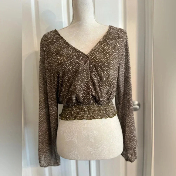 Boutique Boho Olive Green polka dot Blouse Small Peach Love California NWT - Picture 5 of 10